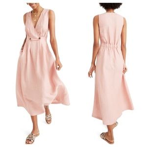 Button-Waist Wrap Linen Midi Dress - Antique Coral